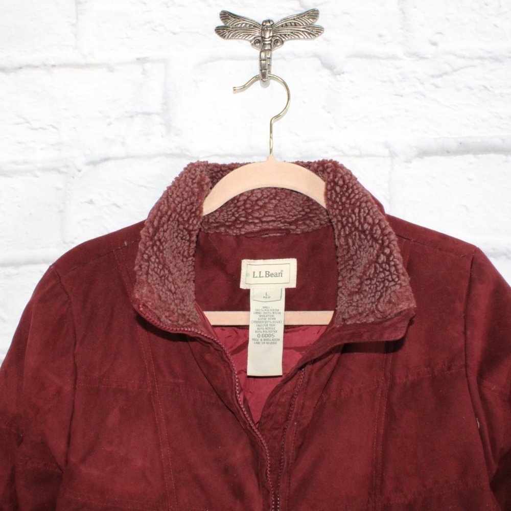 LL BEAN Red Quilted Goose Down Coat Jacket Parka Faux Fur Size L Reg - Picture 4 of 10